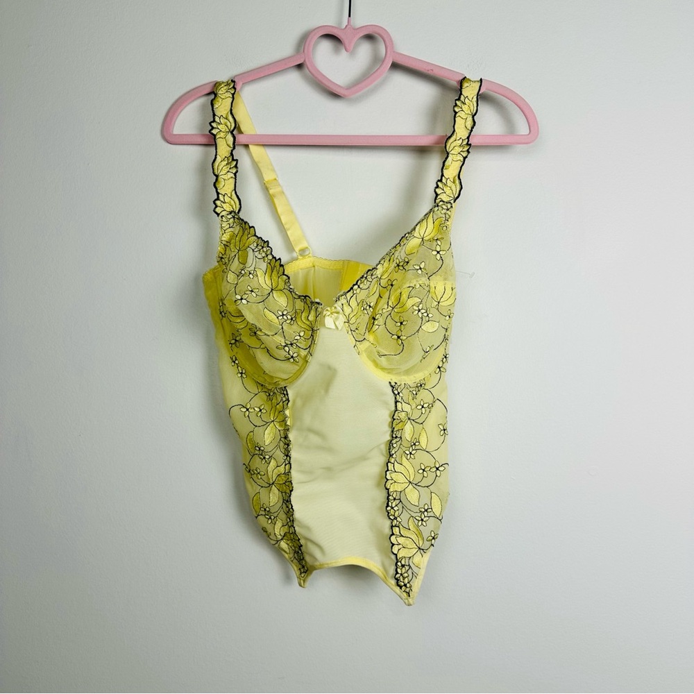 Scarlett Yellow and Black Floral Lace Bustier Bra Size 38E
